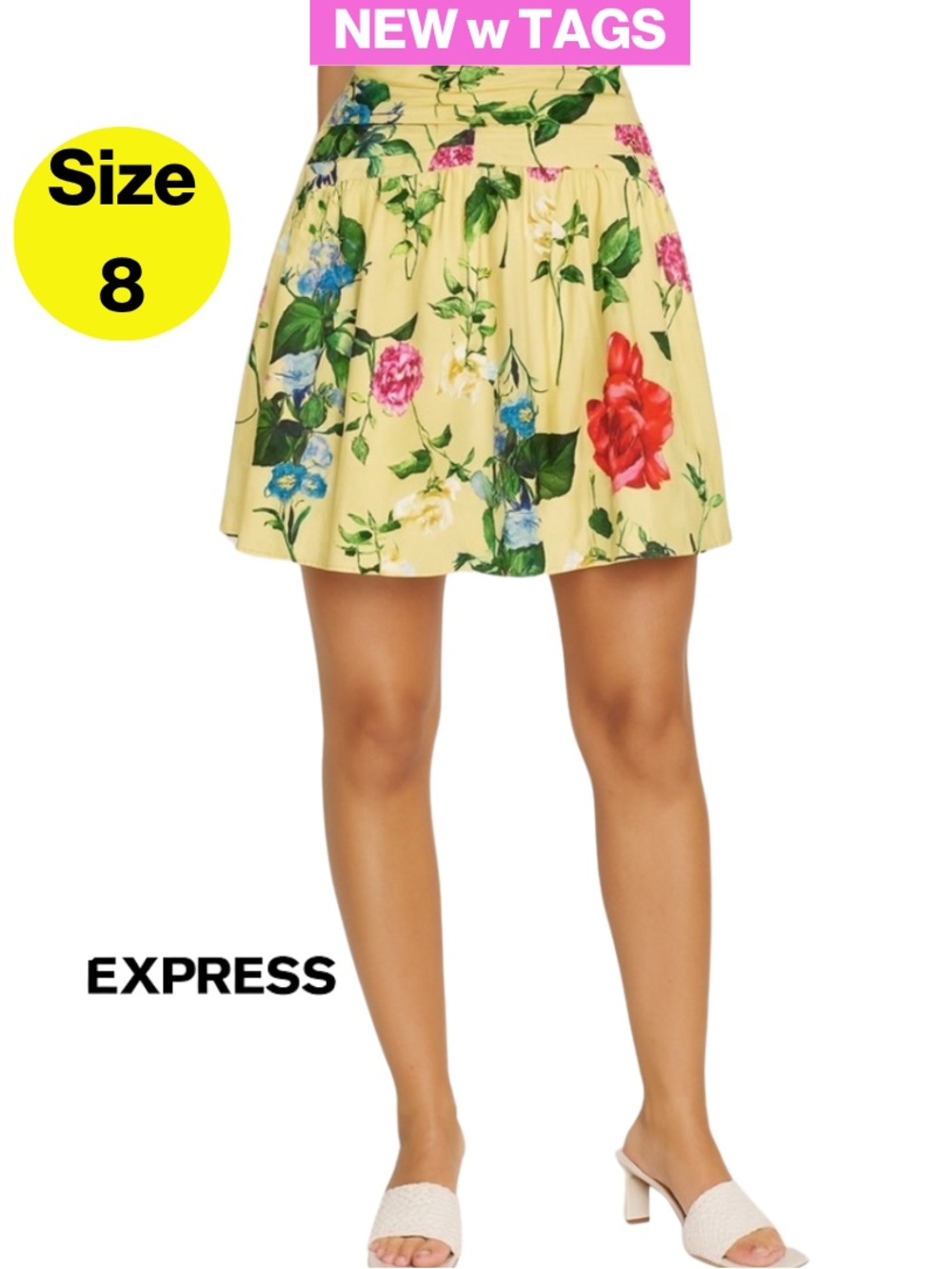 NEW w TAGS 🏷️ EXPRESS Yellow Floral Mini Skirt, High Waist (Women’s Size 8)